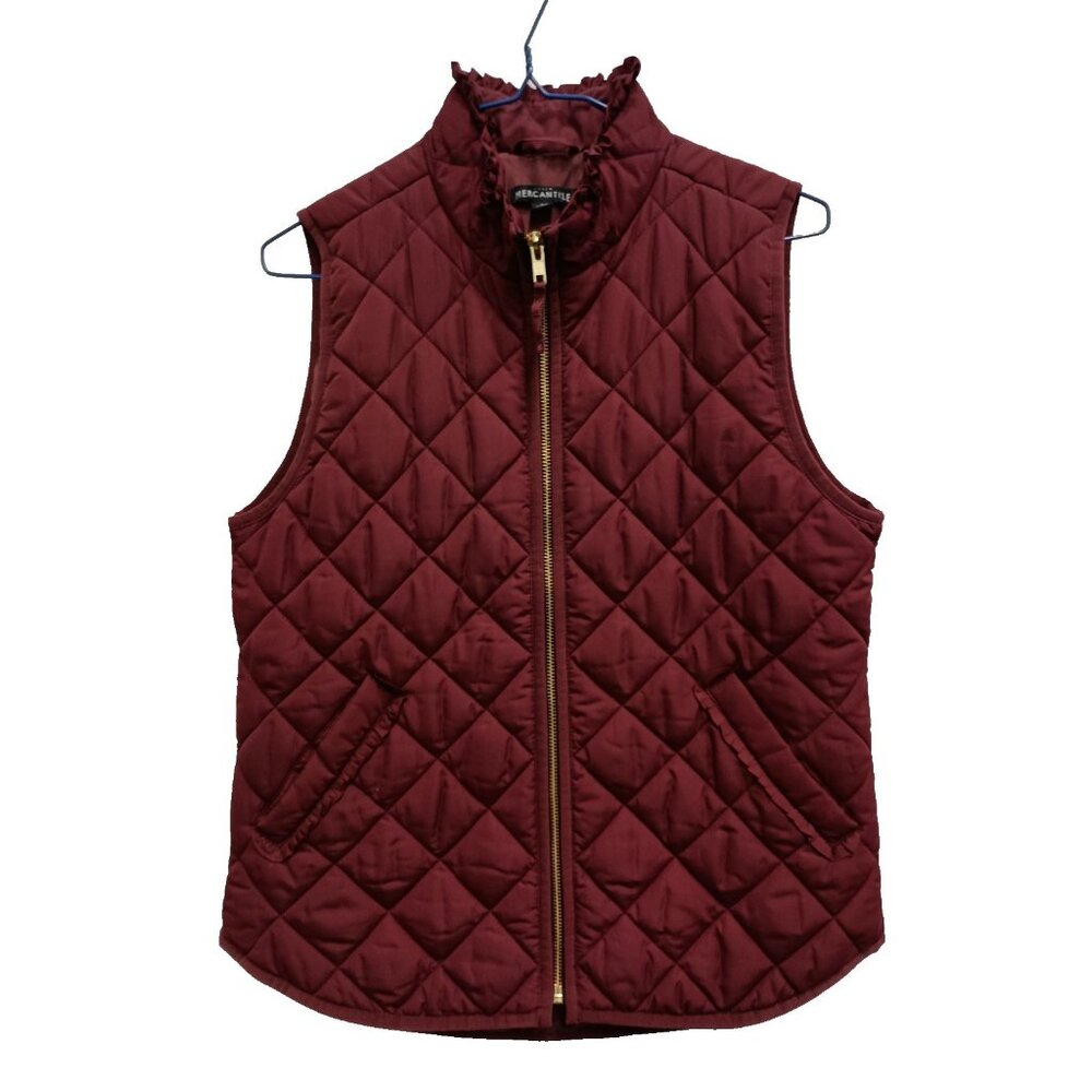 J.Crew Mercantile Vest Womens Small Maroon Quilted Puffer Ruffle Zip Up Outdoor‎